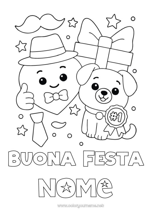 Pagina da colorare da stampare Cuore Regali Papà Buona festa Cane Animale Cappello CanI e gatti Baffi