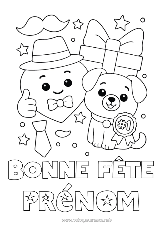 Coloriage à imprimer Coeur Cadeaux Papa Bonne fête Chien Animal Chapeau Chiens et chats Moustache