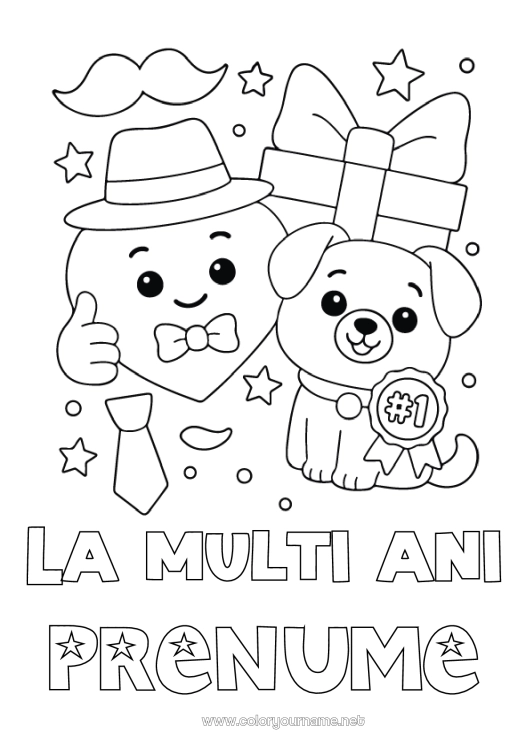 Pagină de colorat de imprimat Inimă Cadouri Tată La mulți ani! Câine Animal Pălărie Câini și pisici Mustață