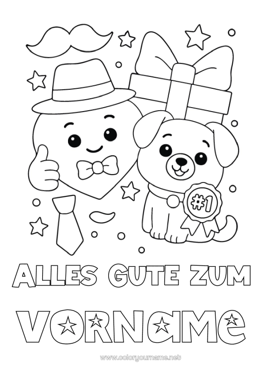 Malvorlage zum Ausdrucken Herz Geschenke Papa Frohes Fest Hund Tier Hut Hunde und Katzen Schnurrbart