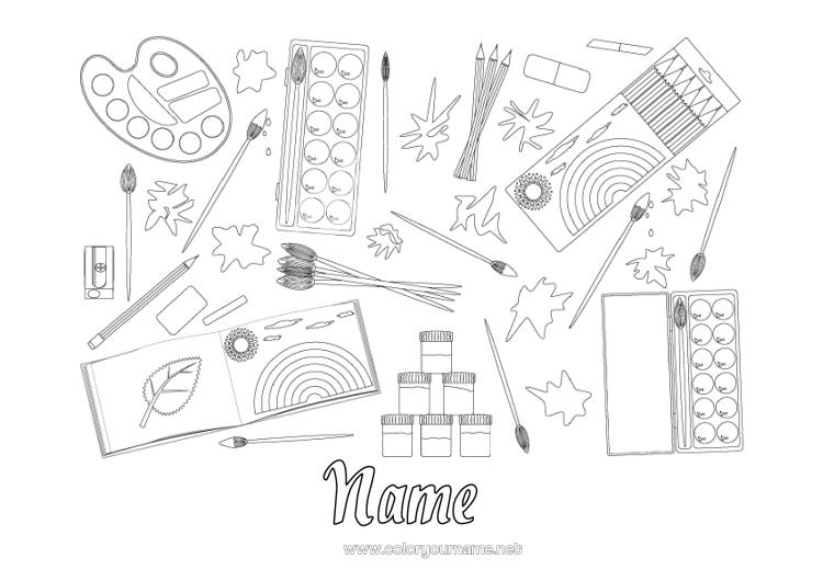 Coloring page to print Art School School supplies Paint Herbarium