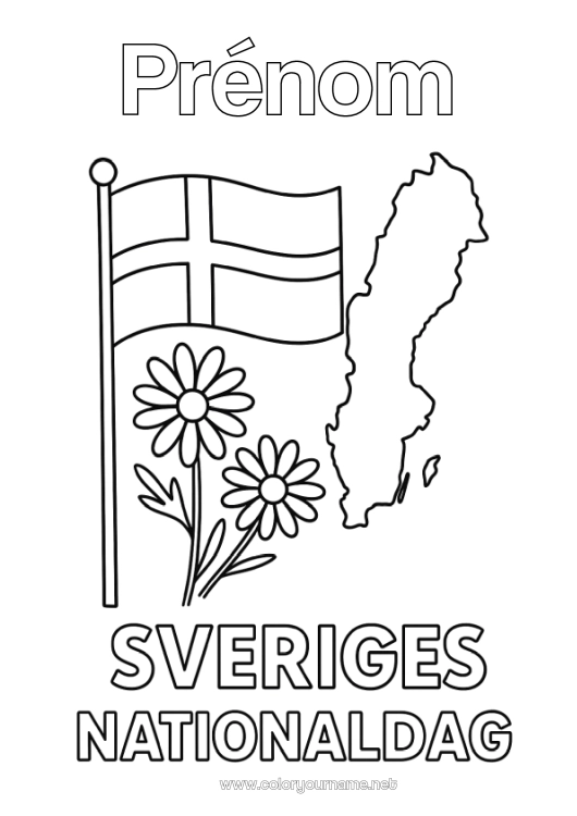 Coloriage à imprimer Drapeau Carte des pays Suède Fête nationale