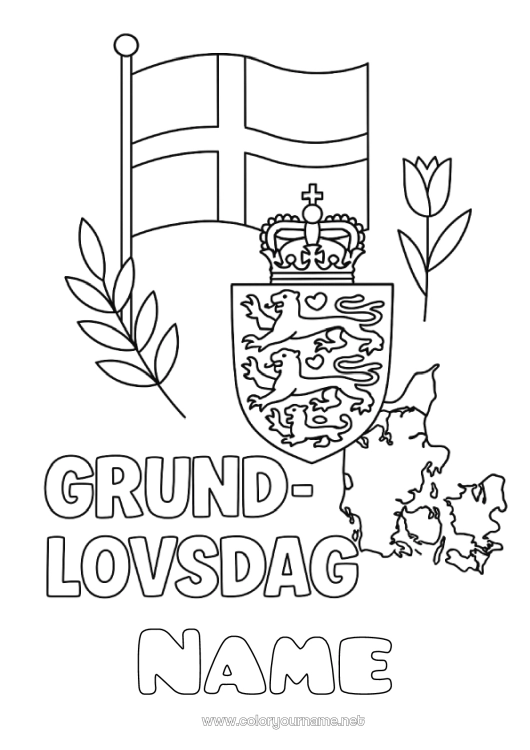 Coloring page to print Flag Country map Denmark National holiday