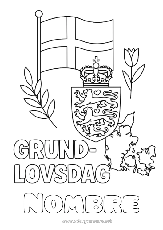 Dibujo para colorear para imprimir Bandera Mapa del pais Dinamarca Fiesta nacional