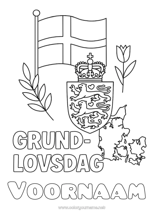 Kleurplaat om af te drukken Vlag Wereldkaart Denemarken Nationale feestdag