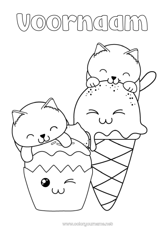 Kleurplaat om af te drukken Kat Kawaii Dier Lekkernijen, zoetigheden IJs Cupcake Honden en katten