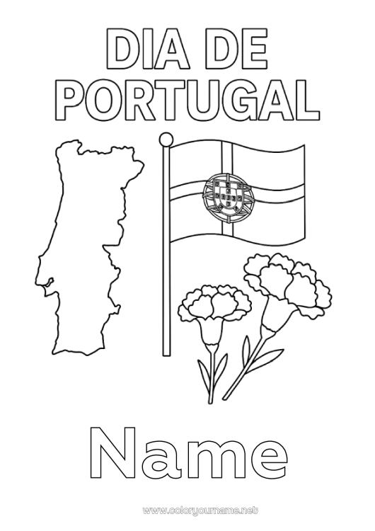 Coloring page to print Flag Country map Portugal National holiday