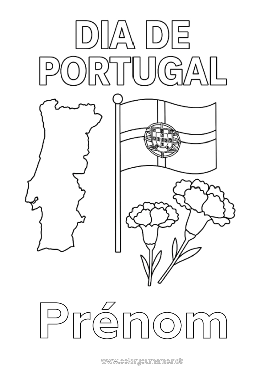 Coloriage à imprimer Drapeau Carte des pays Portugal Fête nationale