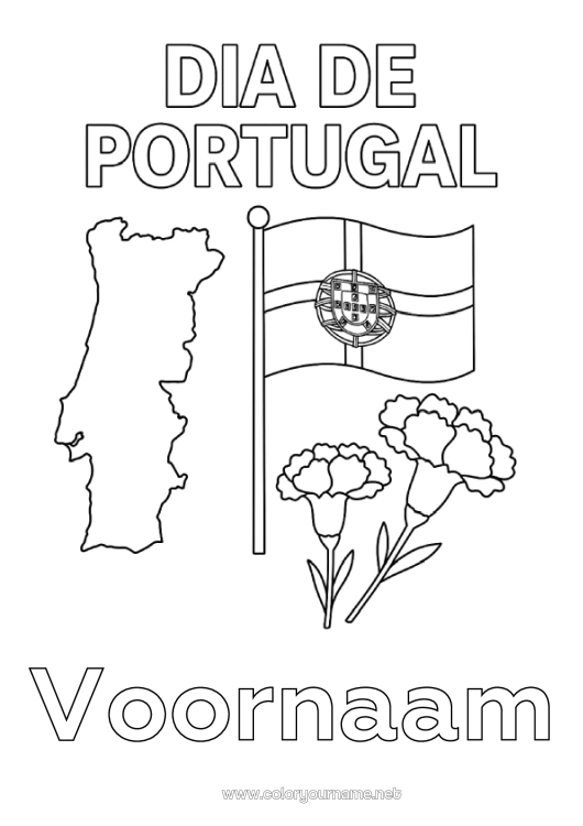 Kleurplaat om af te drukken Vlag Wereldkaart Portugal Nationale feestdag