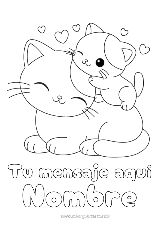 Dibujo para colorear para imprimir Lindo Corazón Cat Dibujos fáciles para colorear Perros y gatos Familia de animales Bebé animal