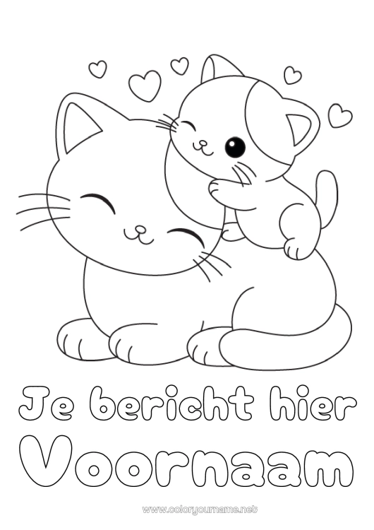 Kleurplaat om af te drukken Schattig Hart Kat Dier Eenvoudige kleurplaten Honden en katten Dierenfamilie Dierenbaby