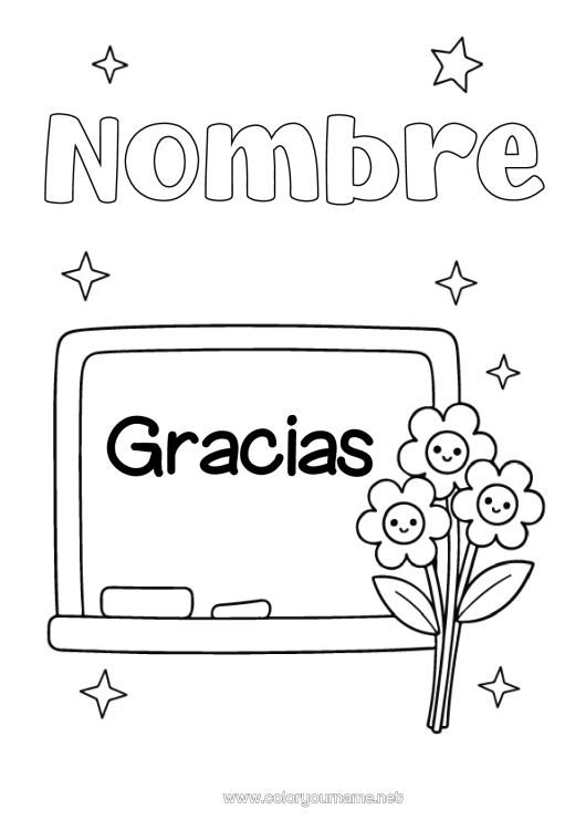 Dibujo para colorear para imprimir Flores Maestra, Maestro Niñera Gracias Profesiones de la Educación Pizarra de clase