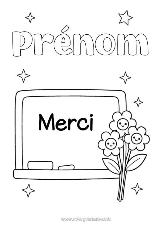 Coloriage à imprimer Fleurs Maîtresse/Maître Nounou Merci Métiers de l'éducation Tableau de classe