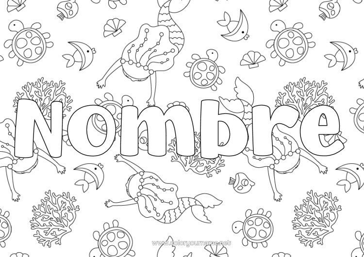 Dibujo para colorear para imprimir Mar Pescado Nombre decorado Sirena Animales marinos o acuáticos Fondo decorativo Tortuga marina