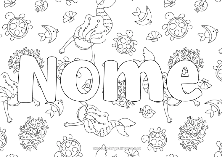 Pagina da colorare da stampare Mare Pesce Nome decorato Sirena Animali marini o acquatici Sfondo decorativo Tartaruga marina
