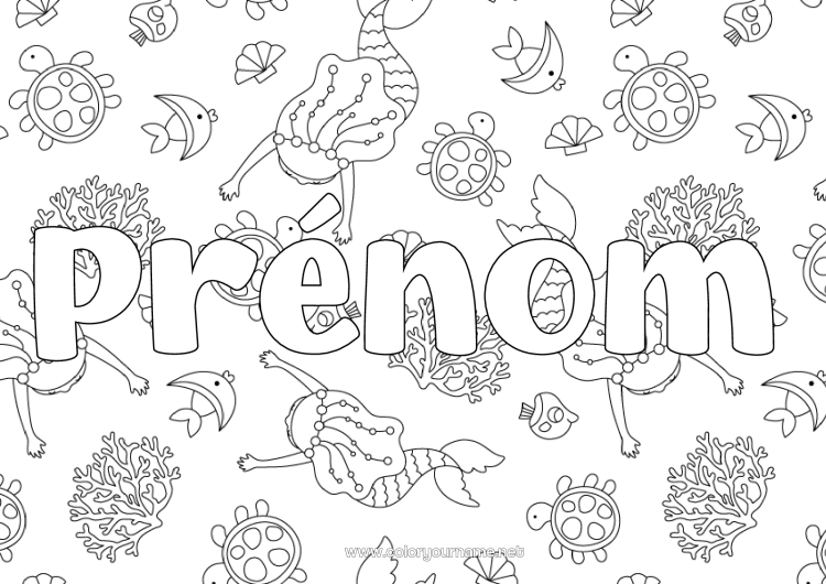 Coloriage à imprimer Mer Poisson Nom décoré Sirène Animaux marins ou aquatique Fond décoratif Tortue marine