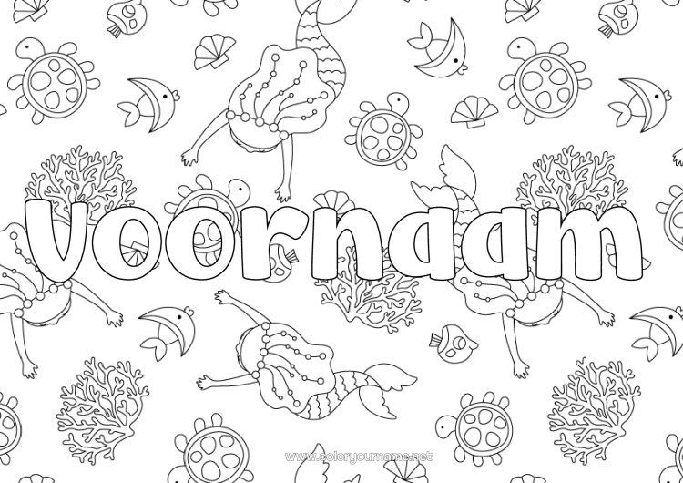 Kleurplaat om af te drukken Zee Vis Gedecoreerde naam Zeemeermin Zeedieren Decoratieve achtergrond Zeeschildpad
