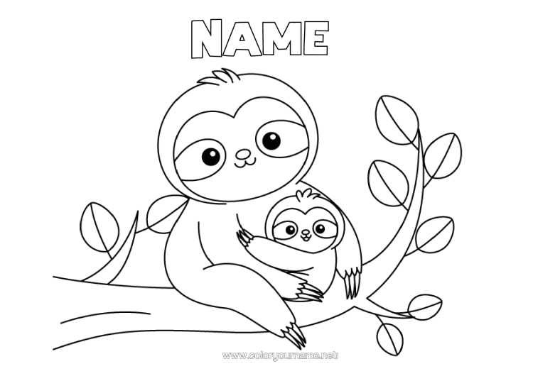 Colouring page to print Animal Forest Animals Sloth Animal Family Cub