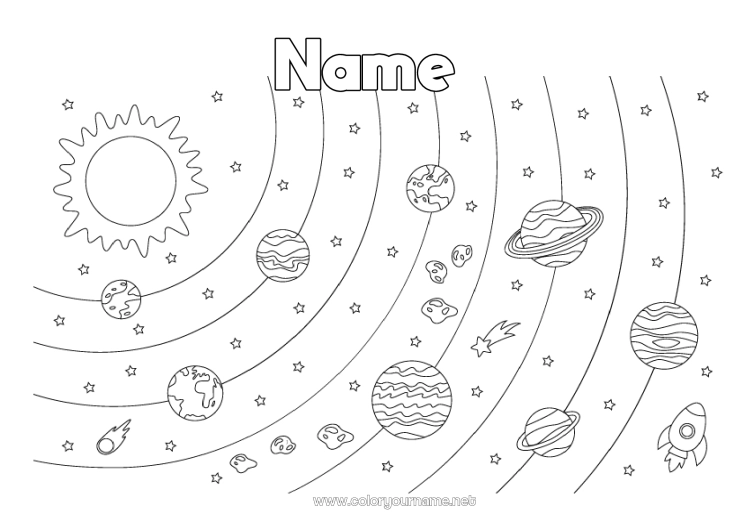Coloring page to print Sun Rocket Space Planets and solar system Astronomy Aerial vehicles