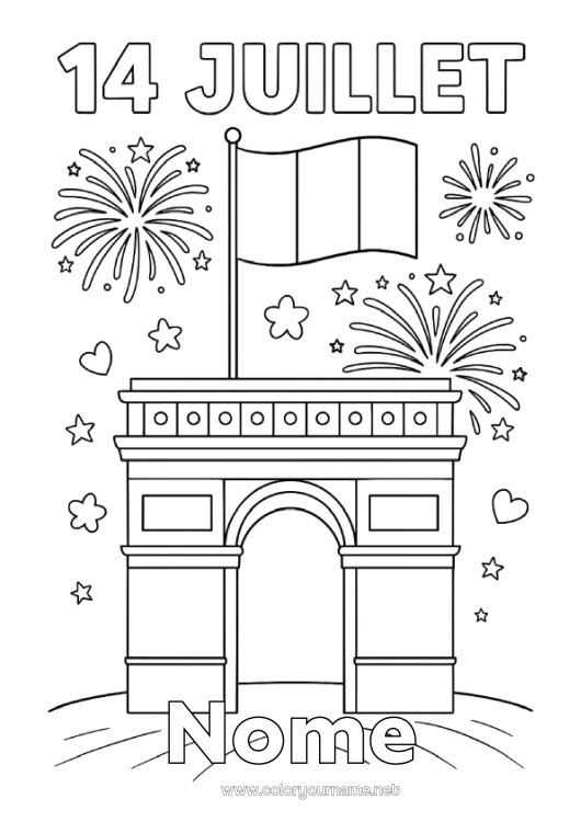 Pagina da colorare da stampare Fuochi d'artificio Francia 14 luglio Arco di Trionfo Festa nazionale