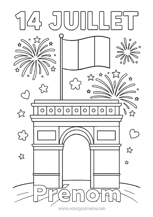 Coloriage à imprimer Feu d'artifice France 14 juillet Arc de Triomphe Fête nationale