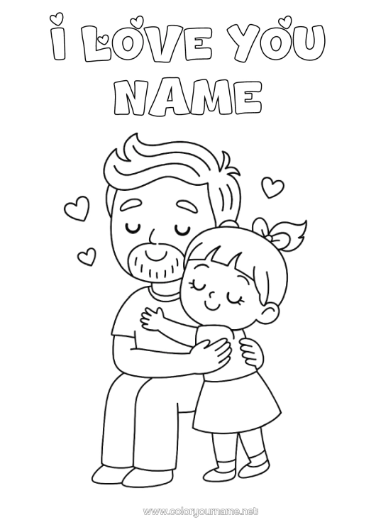 Colouring page to print Dad Girl Child Hug