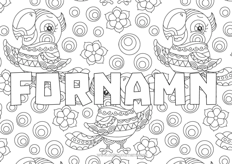 Färgläggningssida att skriva ut Djur Papegoja Utsmyckat namn Zentangle Fåglar och flygande däggdjur Mosaiker Dekorativ bakgrund