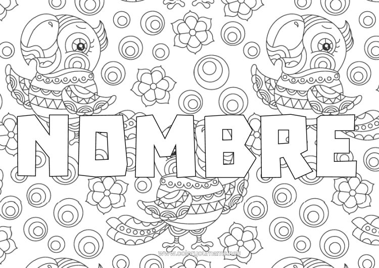 Dibujo para colorear para imprimir Animales Loro Nombre decorado Zentangle Aves y mamíferos voladores Mosaicos Fondo decorativo