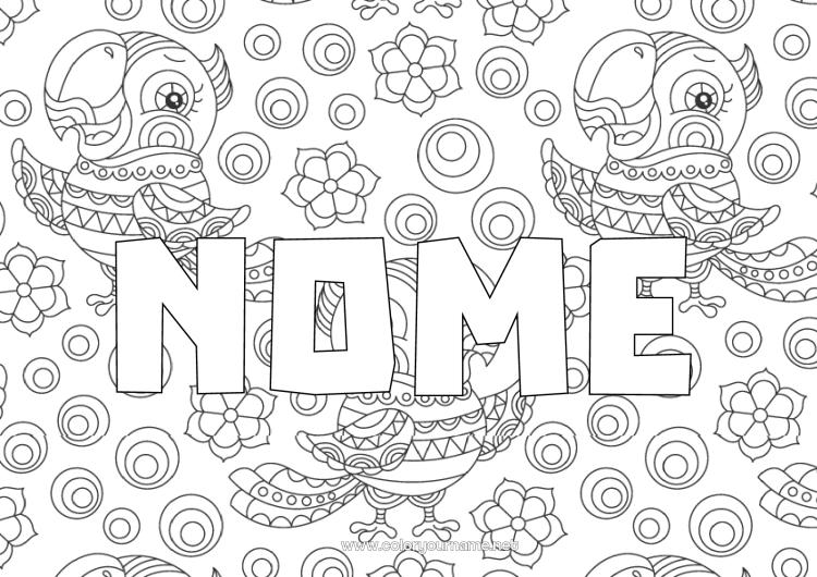 Página de desenho para imprimir Animal Papagaio Nome decorado Zentangle Pássaros e mamíferos voadores Mosaicos Fundo decorativo