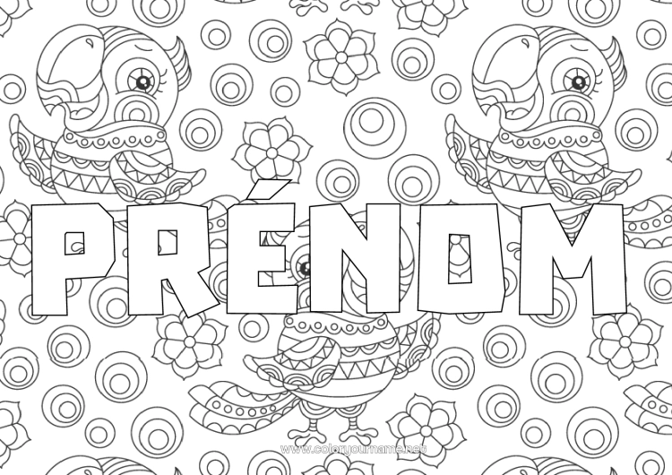 Coloriage à imprimer Animal Perroquet Nom décoré Zentangle Oiseaux et mammifères volants Mosaïques Fond décoratif
