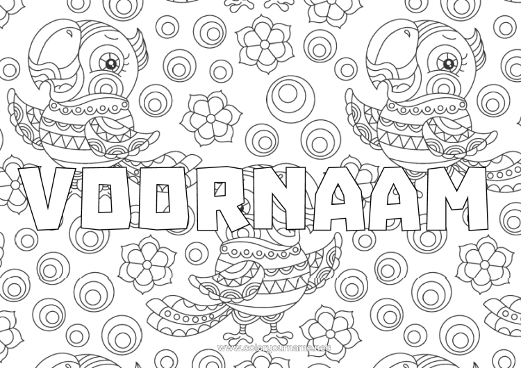 Kleurplaat om af te drukken Dier Papegaai Gedecoreerde naam Zentangle Vogels en vliegende zoogdieren Mozaïeken Decoratieve achtergrond