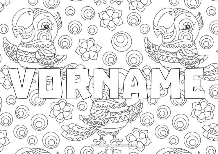 Malvorlage zum Ausdrucken Tier Papagei Dekorierter Name Zentangle Vögel und fliegende Säugetiere Mosaiken Dekorativer Hintergrund