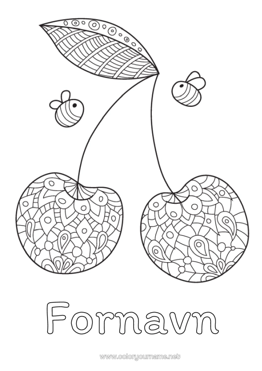 Farvelægningssiden til udskrivning Bi Kirsebær Frugter Zentangle Insekter