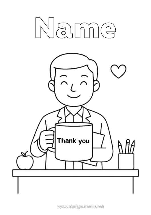 Colouring page to print Mug Mistress/Master Drink Thank You. Education Professions Classroom