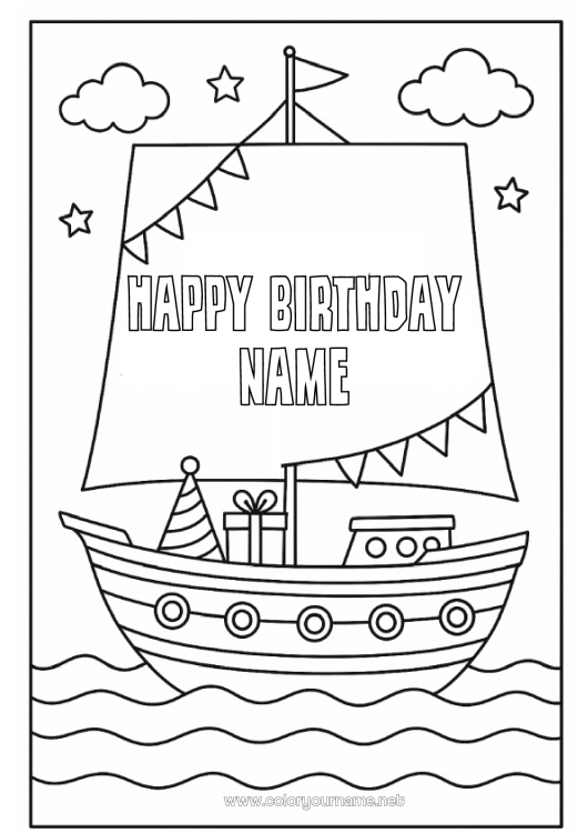 Coloring page to print Birthday Vehicles Boat Sailing boat Happy Birthday (English) Message Maritime vehicles