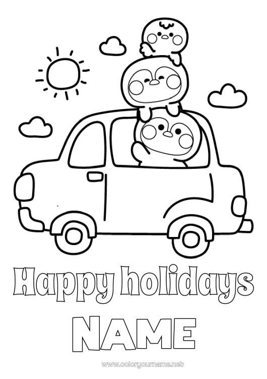 Coloring page to print Holidays Penguin Car Flying birds and mammals Cars, vans, and motorhomes