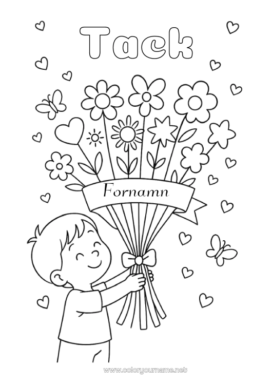 Färgläggningssida att skriva ut Blommor Barn Barnvakt Tack Bukett
