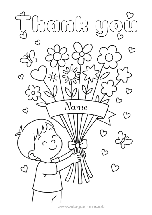Colouring page to print Flowers Child Nanny Thank You. Bunch