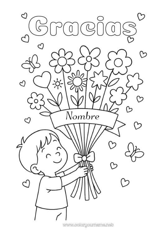 Dibujo para colorear para imprimir Flores Niño Niñera Gracias Ramillete