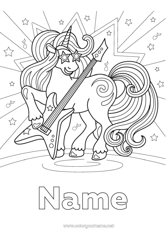 Coloring page to print Unicorn Animal Music Dragons, unicorns and fantastic animals World Music Day Guitar Musical instruments