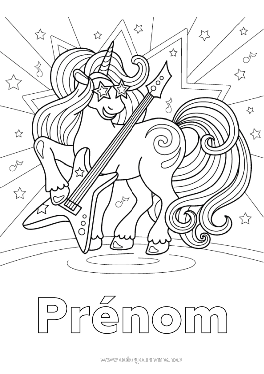 Coloriage à imprimer Licorne Musique Dragons, licornes et animaux fantastiques Fête de la musique Guitare Instruments de musique
