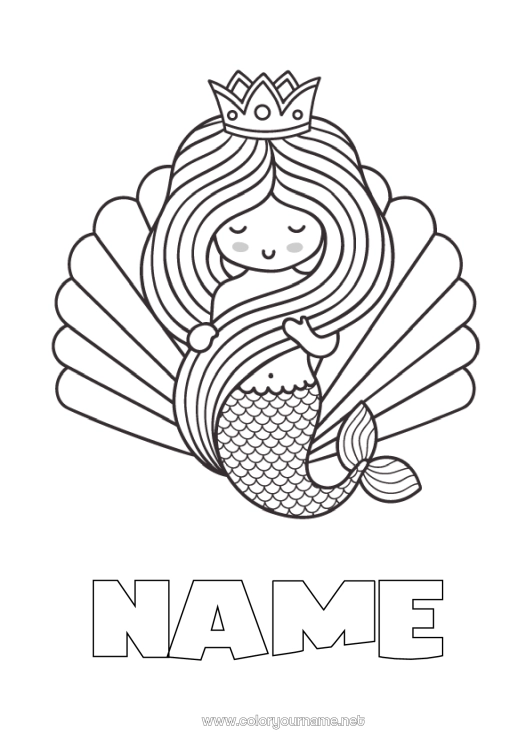 Coloring page to print Crown Mermaid Sea Shell Marine or aquatic animals