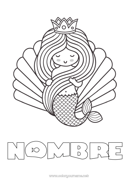 Dibujo para colorear para imprimir Corona Sirena Conchas marinas Animales marinos o acuáticos