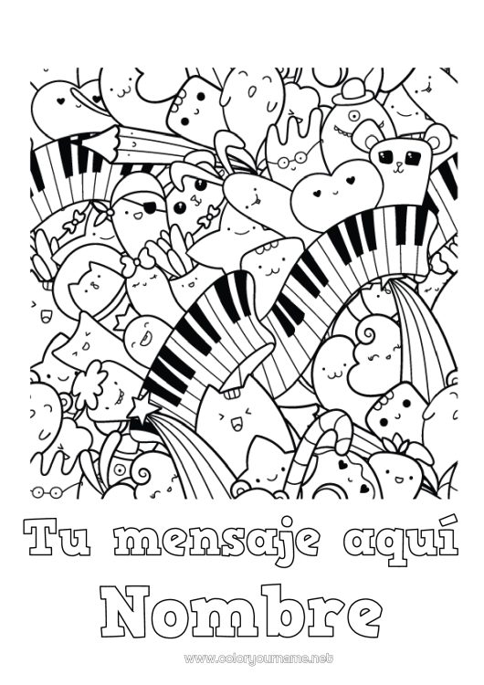 Dibujo para colorear para imprimir Kawaii Música Día Mundial de la Música Piano Instrumentos de música