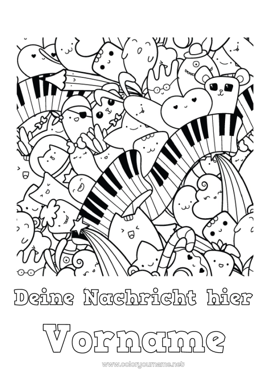 Malvorlage zum Ausdrucken Kawaii Musik Musikfest Klavier Musikinstrumente