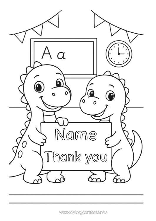 Colouring page to print Dinosaurs Animal School Thank You. Classroom Board Classroom