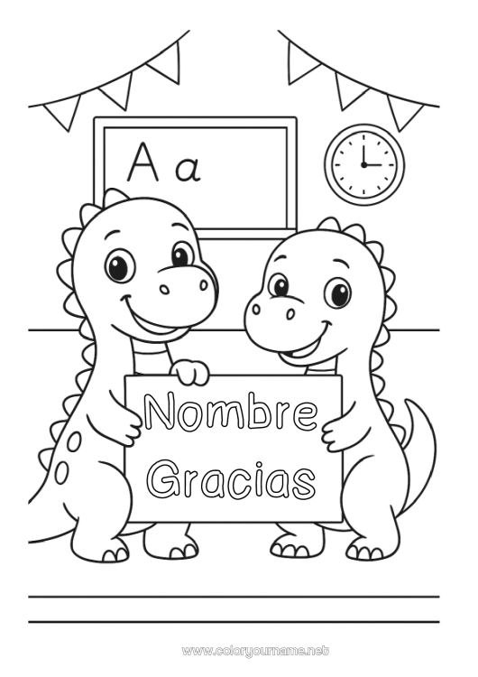 Dibujo para colorear para imprimir Dinosaurios Escuela Gracias Pizarra de clase Salón de clases