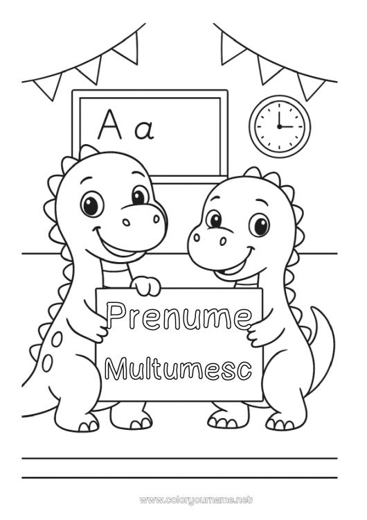 Pagină de colorat de imprimat Dinozauri Școală Mulțumesc Tablă de clasă Sală de clasă