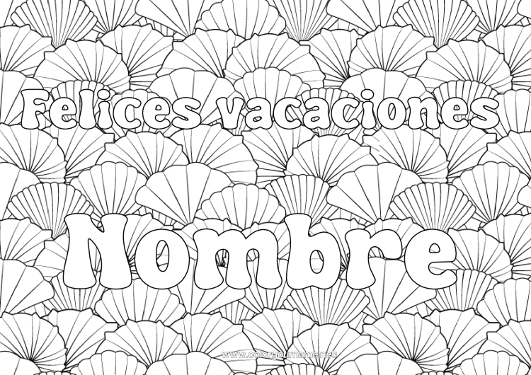 Dibujo para colorear para imprimir Vacaciones Animales Nombre decorado Conchas marinas Dibujos complejos para colorear Zentangle Animales marinos o acuáticos Fondo decorativo