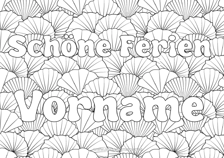Malvorlage zum Ausdrucken Urlaub Tier Dekorierter Name Muscheln Komplexe Ausmalbilder Zentangle Meeres- oder Wasserlebewesen Dekorativer Hintergrund